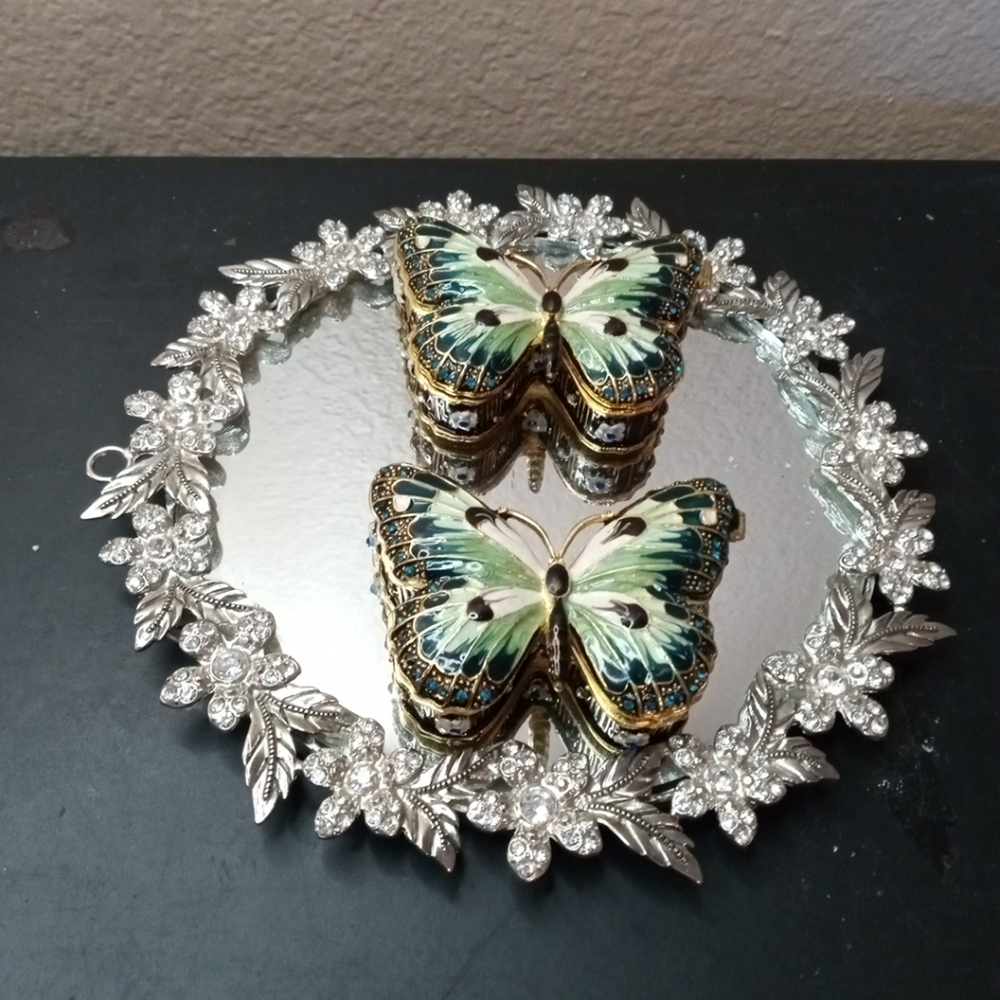 EXQUISITE Pair Signed Jay Strongwater Bejewelled Enamel 3" Butterfly Trinket Box